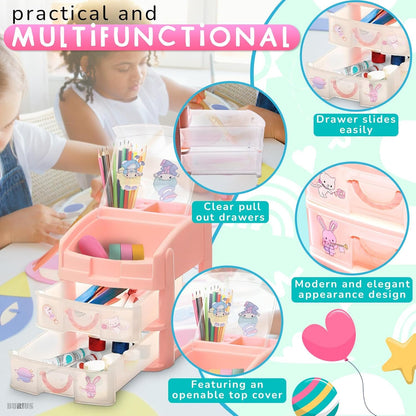 Desk Storage Organizer Pink Plastic Drawers - BURIUS San-X Desk Drawer Organizer Makeup Organizer Office Organization and Storage - Desk Accessories Aesthetic Tabletop Drawers Desktop Storage Drawer