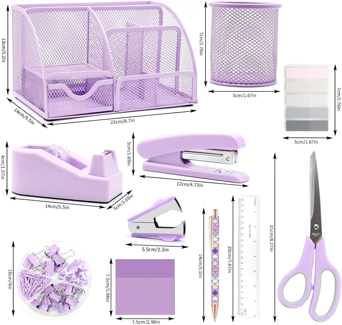 12 in 1 Purple Desk Organizers and Accessories Set, Gifts for Coworkers, Office Supplies, Stapler, Pen Holder, Tape Holder, Staples, Scissors