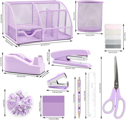 12 in 1 Purple Desk Organizers and Accessories Set, Gifts for Coworkers, Office Supplies, Stapler, Pen Holder, Tape Holder, Staples, Scissors