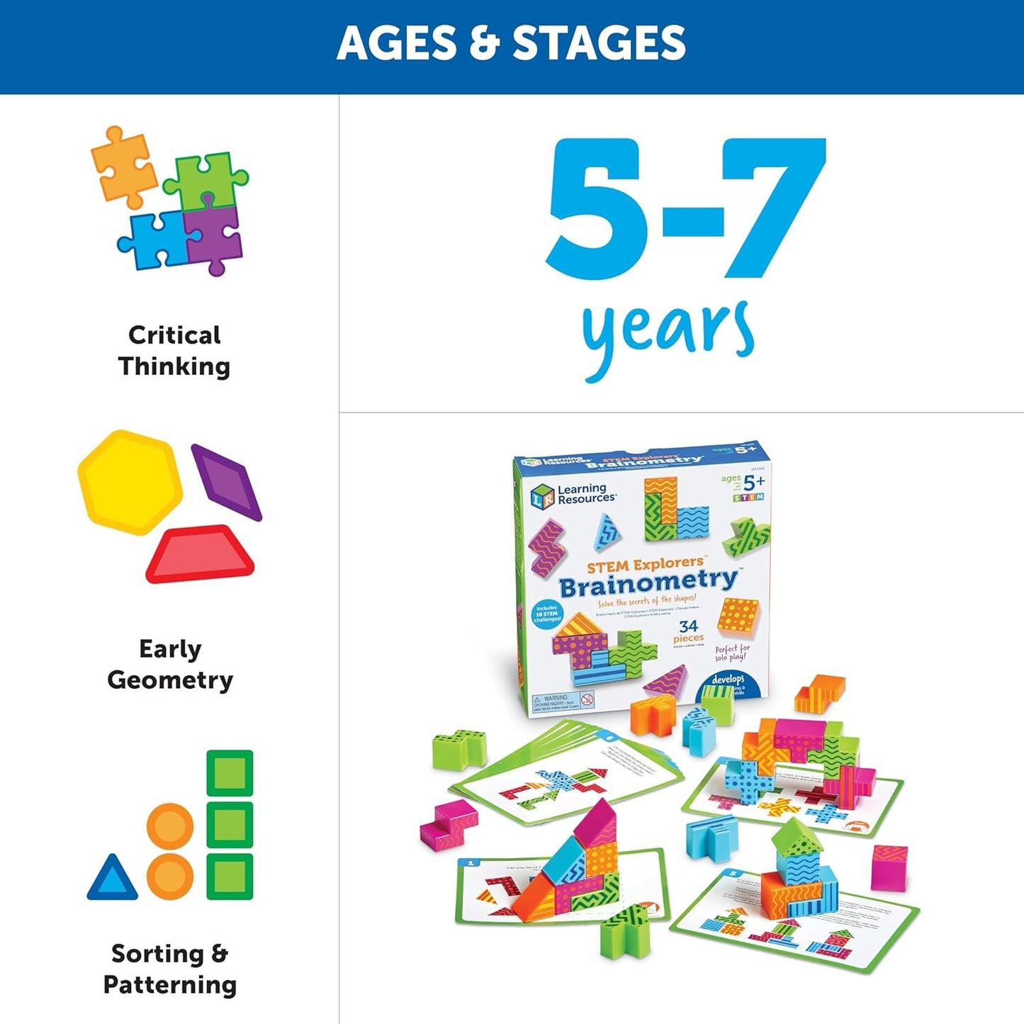 Learning Resources STEM Explorers Brainometry - 34 Pieces,Ages 5+ STEM Toys for Kids, Brain Teaser Toys and Games, Kindergarten Games