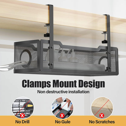 Under Desk Cable Management Tray Black, Cinati Cable Management Under Desk No Drill, Cable Tray with Clamp for Desk Wire Management,Desk Cable Management Box for Office, Home - No Damage to Desk