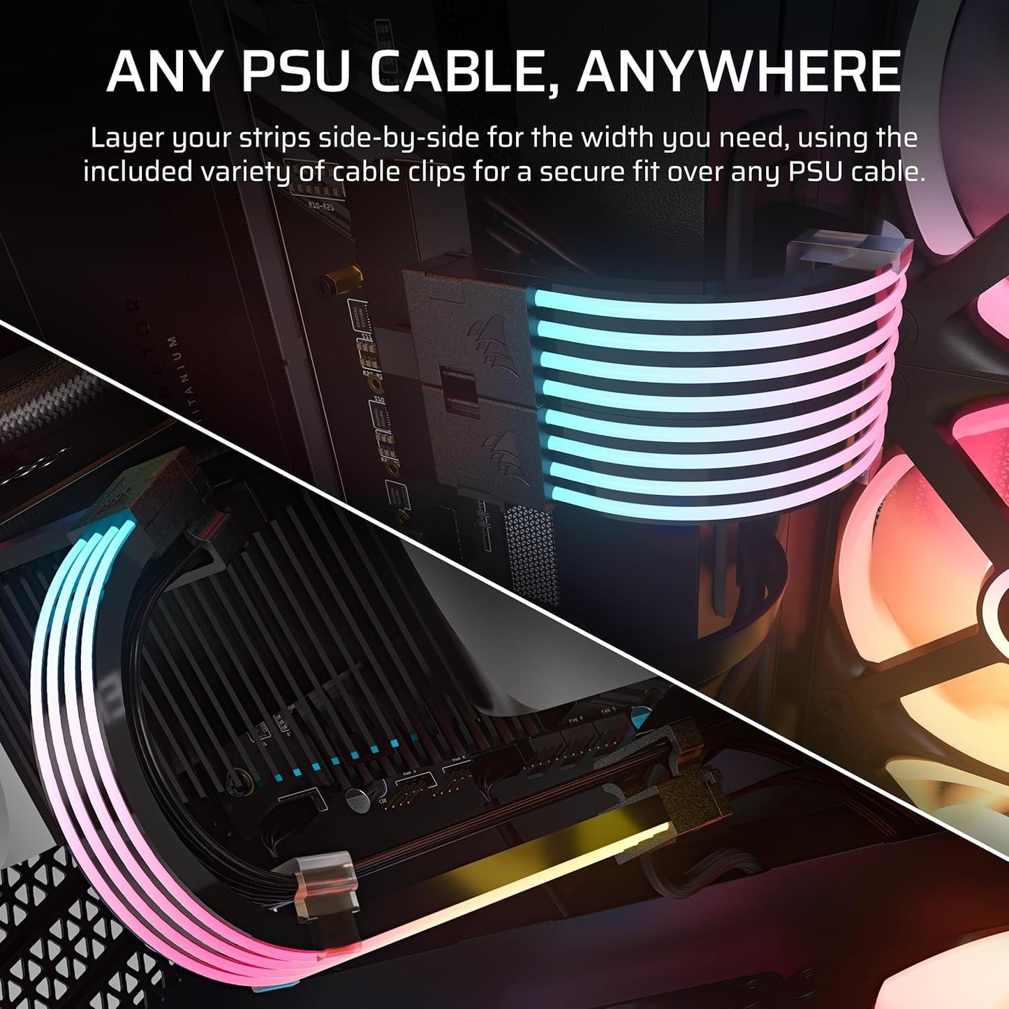 CORSAIR iCUE ARGB PSU Cable Strips â€“ 2X 200mm LED Strips â€“ 100 RGB LEDs Per Strip â€“ Fits Any PSU Cable â€“ Motherboard 5V ARGB Control â€“ Black