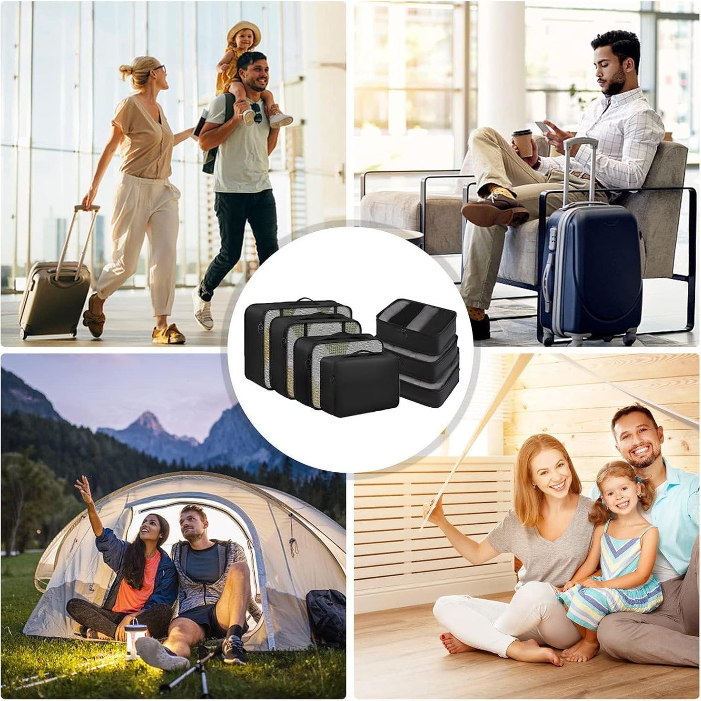 Packing Cubes, 7 Set Travel Packing Bags, Suitcase Organisers for Clothes, Travel Cubes Storage Bag Luggage Accessories (Black, Packing Cubes + Underware Bag)