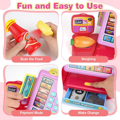 Dreamon Cash Register Toy for Kids with Scanner, Caisse Enregistreuse Enfant, Play Money Shopping Cart Educational Learning Gifts for Girl Boys Ages 3 4 5 6 7 8