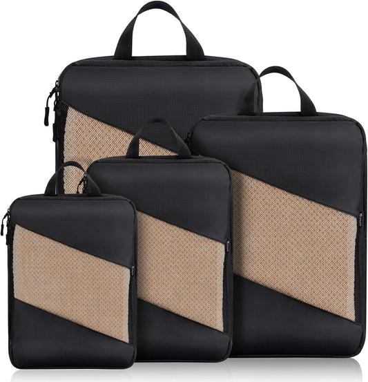 Jetsetta Extra Large Compression Packing Cubes with see through Mesh, Expandable Suitcase and Luggage travel packing cubes set for Travel Accessories（Black 4 Set)