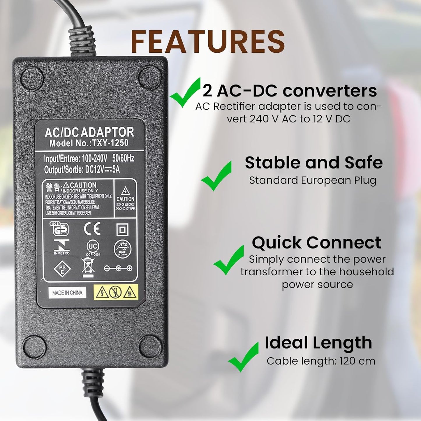 2 x AC to DC Converter Adapter 220V to 12V 5A Cigarette Lighter Power Adapter for Car Fridge Vacuum Cleaner