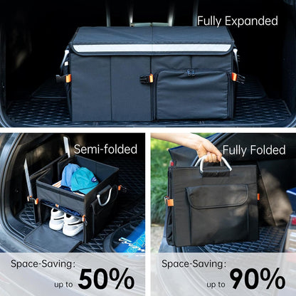 SHIMOYAMA Trunk Organizer, 63L Foldable Car Storage Box for Camping, Picnic, Collapsible Multi Compartments for SUV, Car Storage Bin with Aluminum Handles, Black