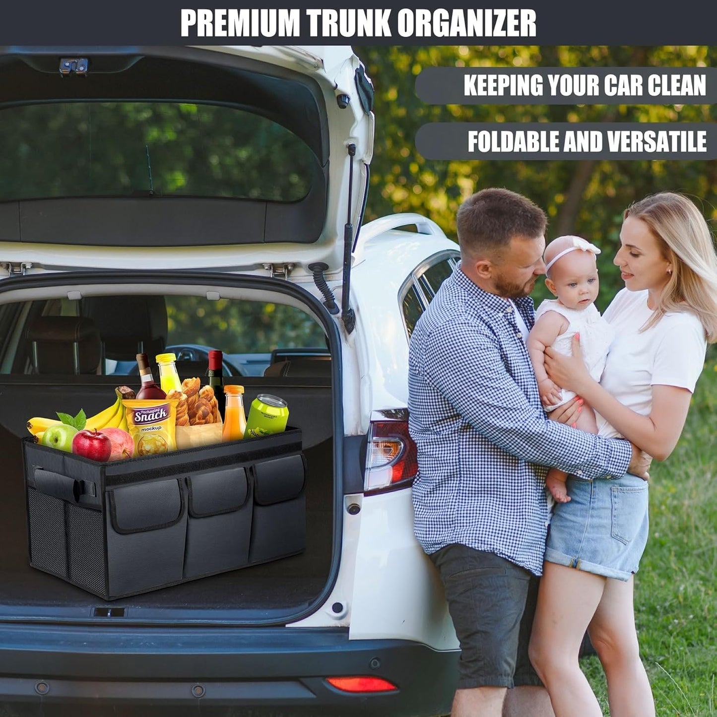 SODCAW Grey Trunk Storage Organizer For Car Trunk Organizer With Lid Collapsible Trunk Organizer For SUV Groceries Accessories (M Grey)