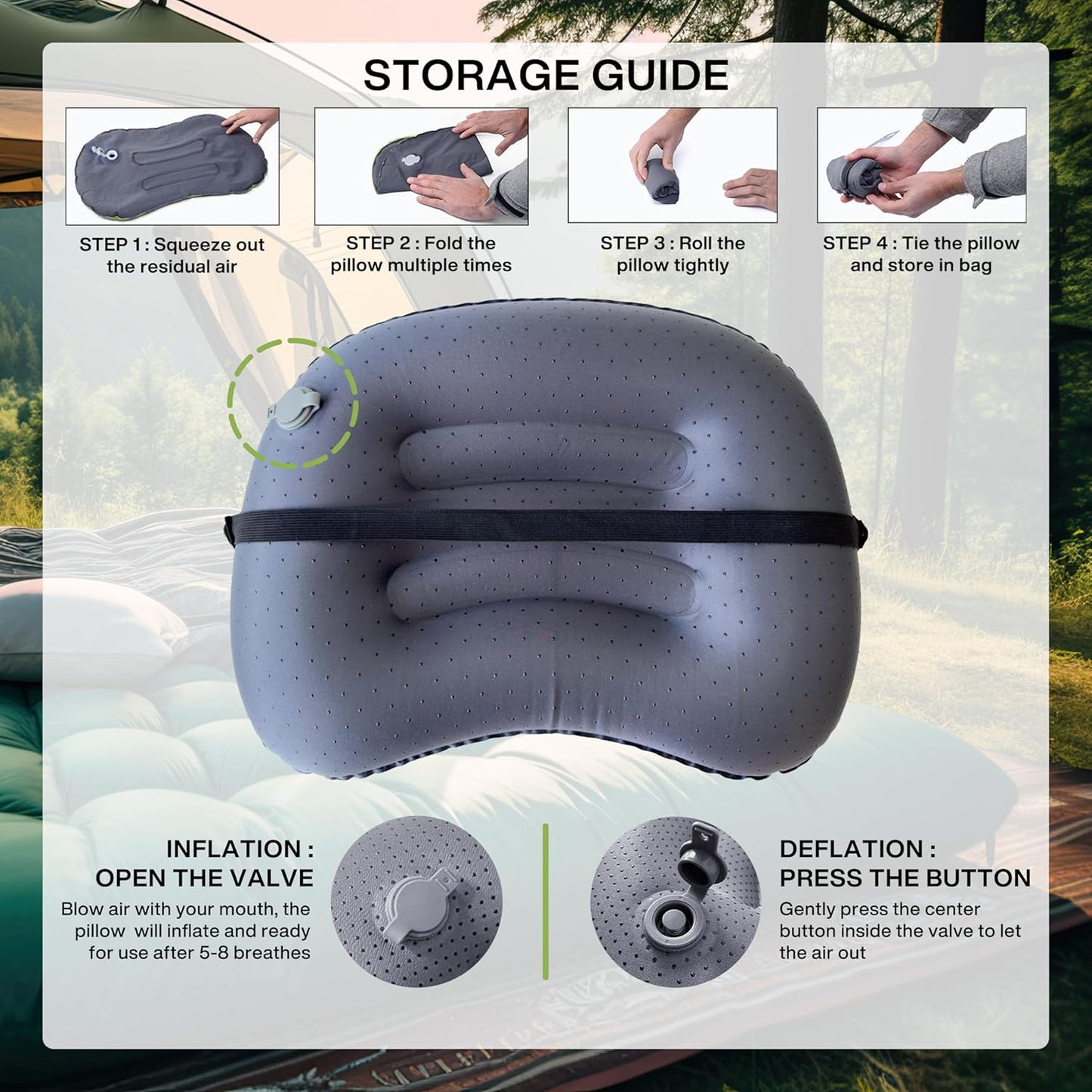 Meteor Ultralight Inflatable Camping Pillow – Compact 110g Travel Cushion for Beach, Flight, Outdoor, Lumbar, and Neck Support (Green)