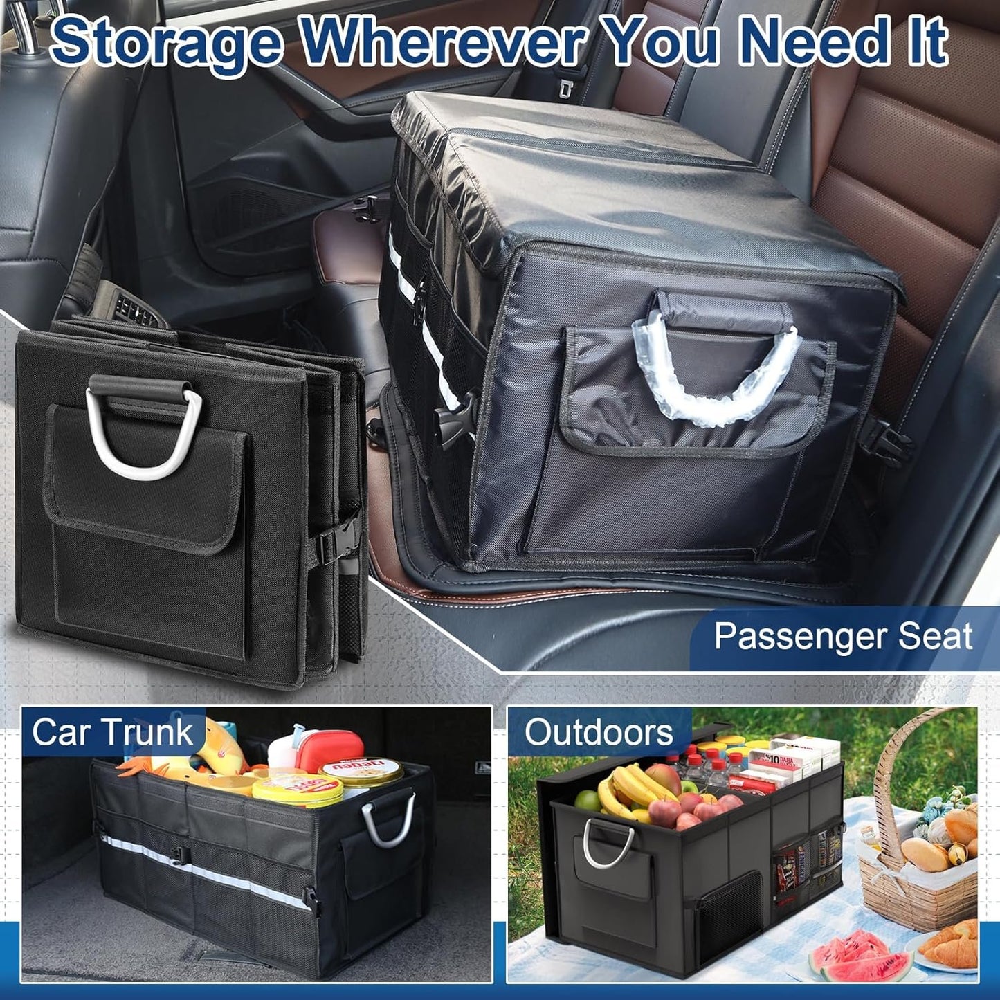 Car Trunk Organizer, Vehicle Boot Organizer 60L Collapsible Multi Compartment Boot Tidy Storage Box for SUVs, RV, Sedans, 600D Adjustable Auto Back Cargo Organisers Car Accessories (Black-55L)