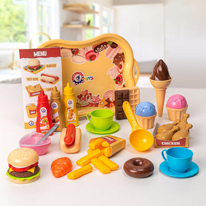 Pretend Play Kitchen Toys Cookware (79PCS) with Play Food Toy Set - Play Dishes Cookware Set - Play Food Set for Toddler Boys Girls 3+ Years - Hot Dog Ice Cream Burger