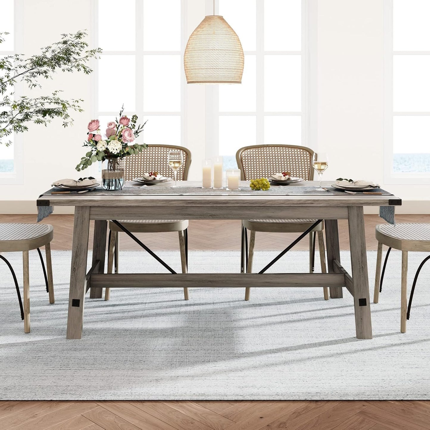 WAMPAT Farmhouse Dining Room Table for 6 Person, 67.7 Inch Rectangular Wood Modern Kitchen Table with Metal Decor and Footrest, Rustic Grey