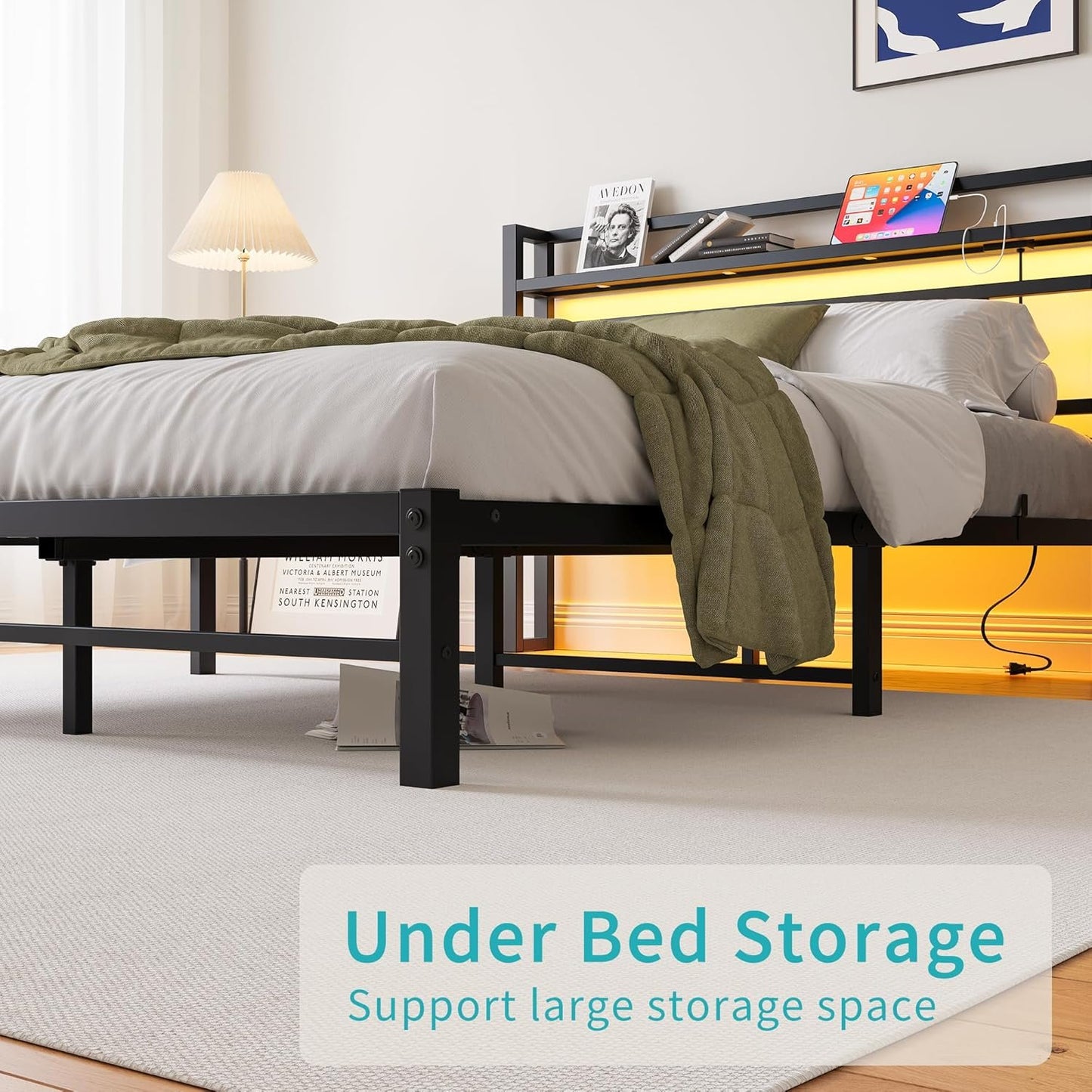 Maliacife Queen Bed Frame with Storage Headboard,Metal Platform Bed with USB Charging Station and Led Lights,Heavy Duty Steel Slats,Mattress Foundation, No Box Spring Needed,Easy Assembly,Black