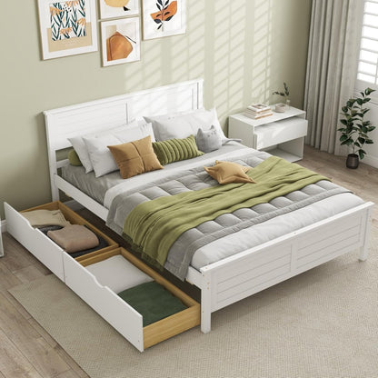 KOMFOTT Full Size Wood Bed Frame with 2 Storage Drawers, Mid Century Platform Bed Frame with Headboard, Sturdy Wooden Slats Support, Modern Mattress Foundation, No Box Spring Required, Easy Assembly