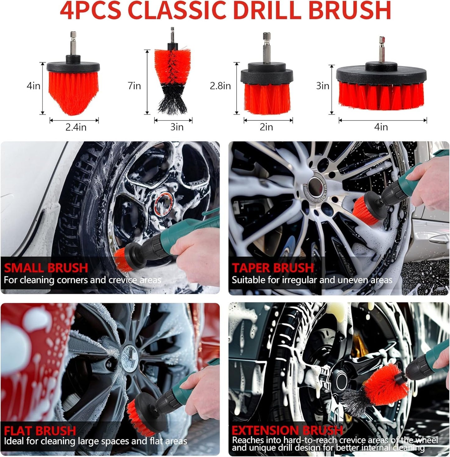 35Pcs Car Detailing Kit, Drill Brush Attachments with Detailing Brush Set and Tools Box, Red Auto Cleaning Kit Interior for Wheels, Dashboard, Windows (B：35PCS-R)