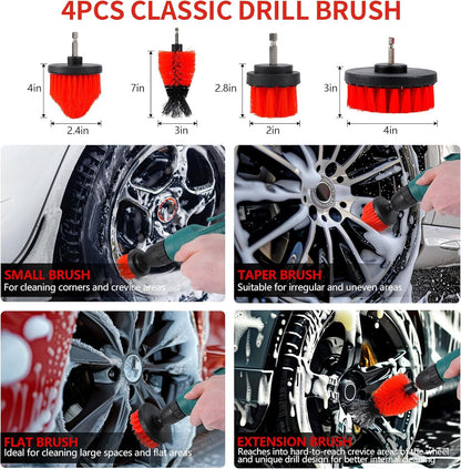 35Pcs Car Detailing Kit, Drill Brush Attachments with Detailing Brush Set and Tools Box, Red Auto Cleaning Kit Interior for Wheels, Dashboard, Windows (B：35PCS-R)