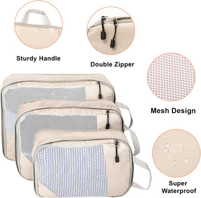 Space-Saving Suitcase Organizer Travel Organizer Suitcase Compression Travel Useful Accessories Waterproof Travel Bags for Underwear Footwear Clothes Fabric, Beige, 3 Pieces