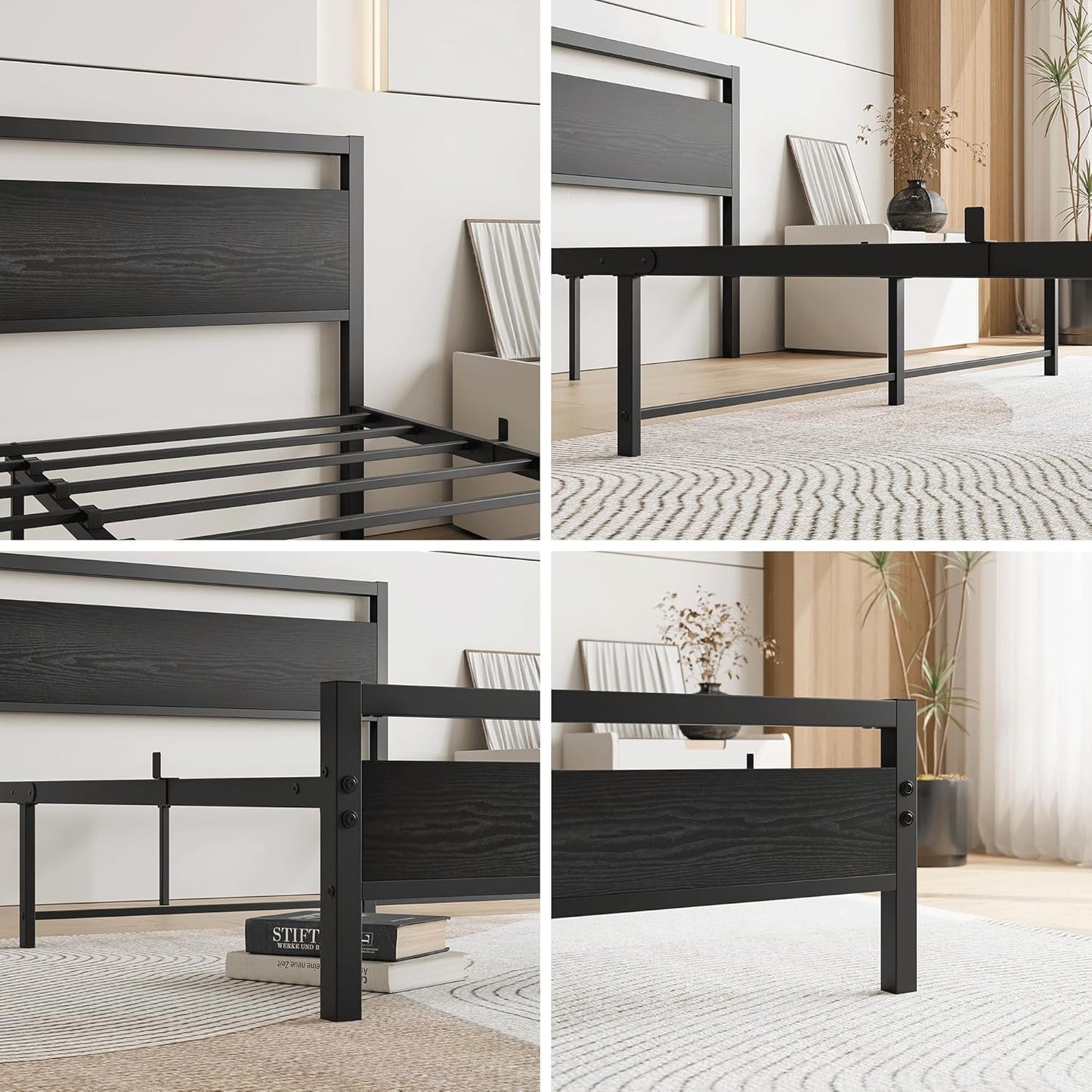 VERFARM Queen Size Bed Frames with Black Wood Headboard and Footboard,Heavy Duty Metal Platform Bed Frame Queen Size,No Box Spring Needed,Mattress Foundation/Sturdy and Stable/Noise Free,Black