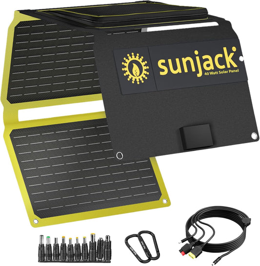 SunJack 40W Folding Portable Solar Panel Charger with Kickstands, IP67 Waterproof ETFE and DC/USB-A QC3.0 / USB-C PD30 for Cell Phone, Laptop, Power Station, Backpacking, Camping, Hiking, Emergency