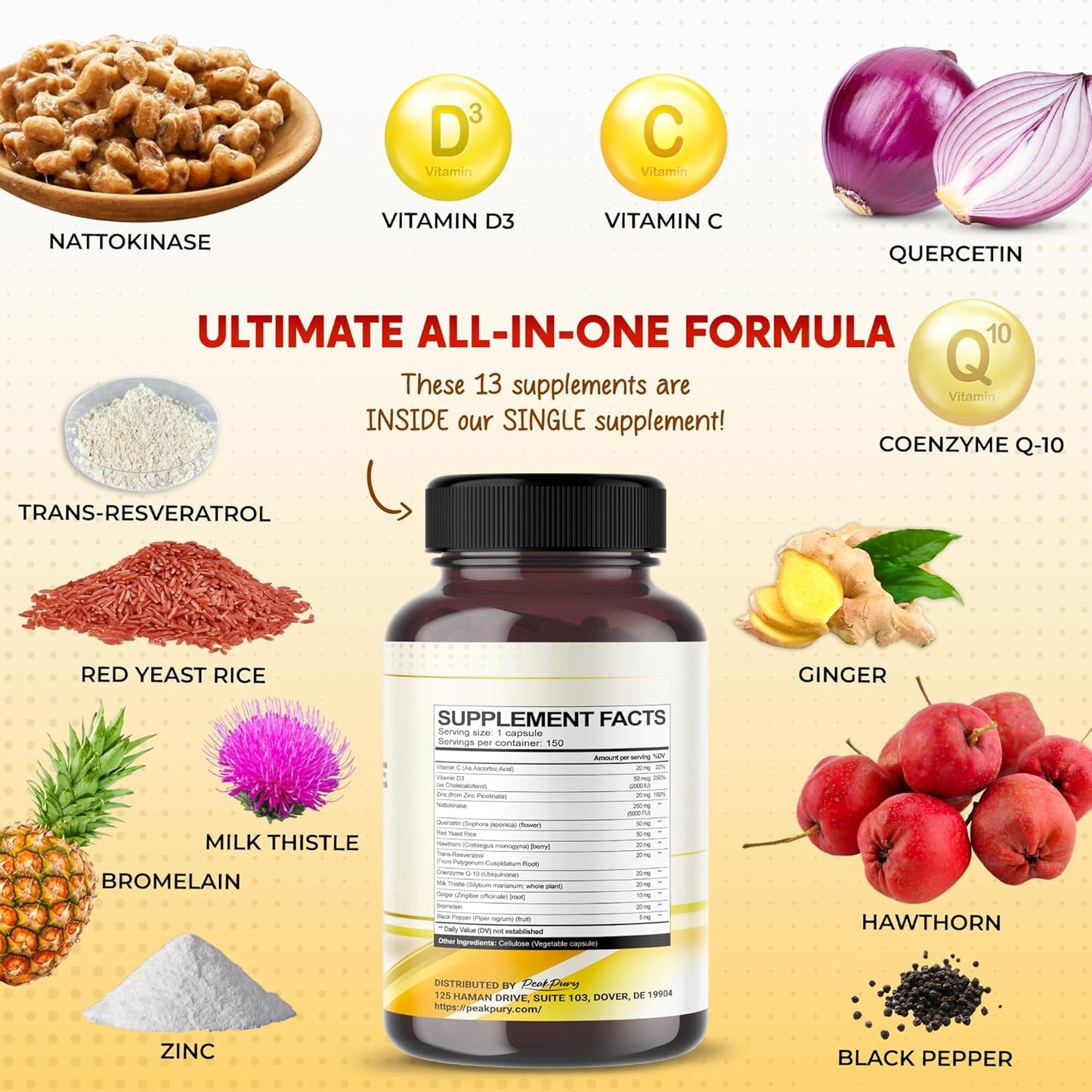 Nattokinase 5000FU Quercetin Red Yeast Rice Hawthorn - Overall Wellness Support - Made in USA