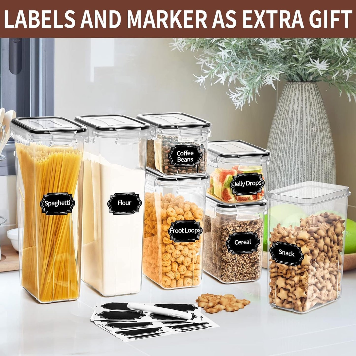 Airtight Food Storage Containers Set with Lids, 24 PCS Clear Kitchen Pantry organizers and storage, PRAKI Kitchen Storage Containers for Cereal Flour & Sugar - Labels & Marker, Black