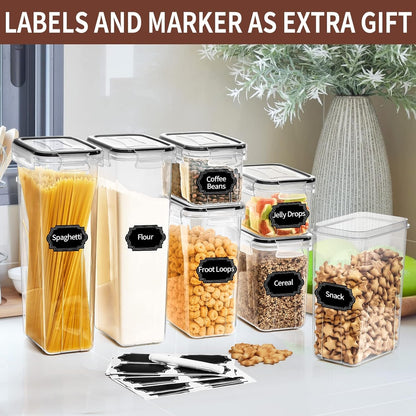 Airtight Food Storage Containers Set with Lids, 24 PCS Clear Kitchen Pantry organizers and storage, PRAKI Kitchen Storage Containers for Cereal Flour & Sugar - Labels & Marker, Black