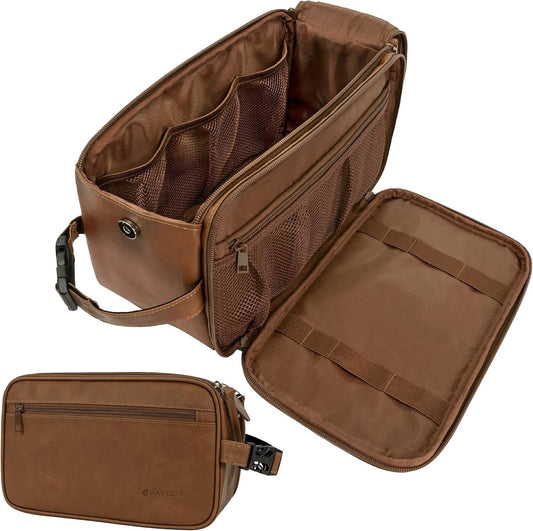 PAVILIA Toiletry Bag for Men, Travel Essentials Shaving Dopp Kit, Travel Bag Toiletries Organizer Case, Cosmetic Make Up Bag, Water Resistant, Brown, Extra Large (12x6x7)