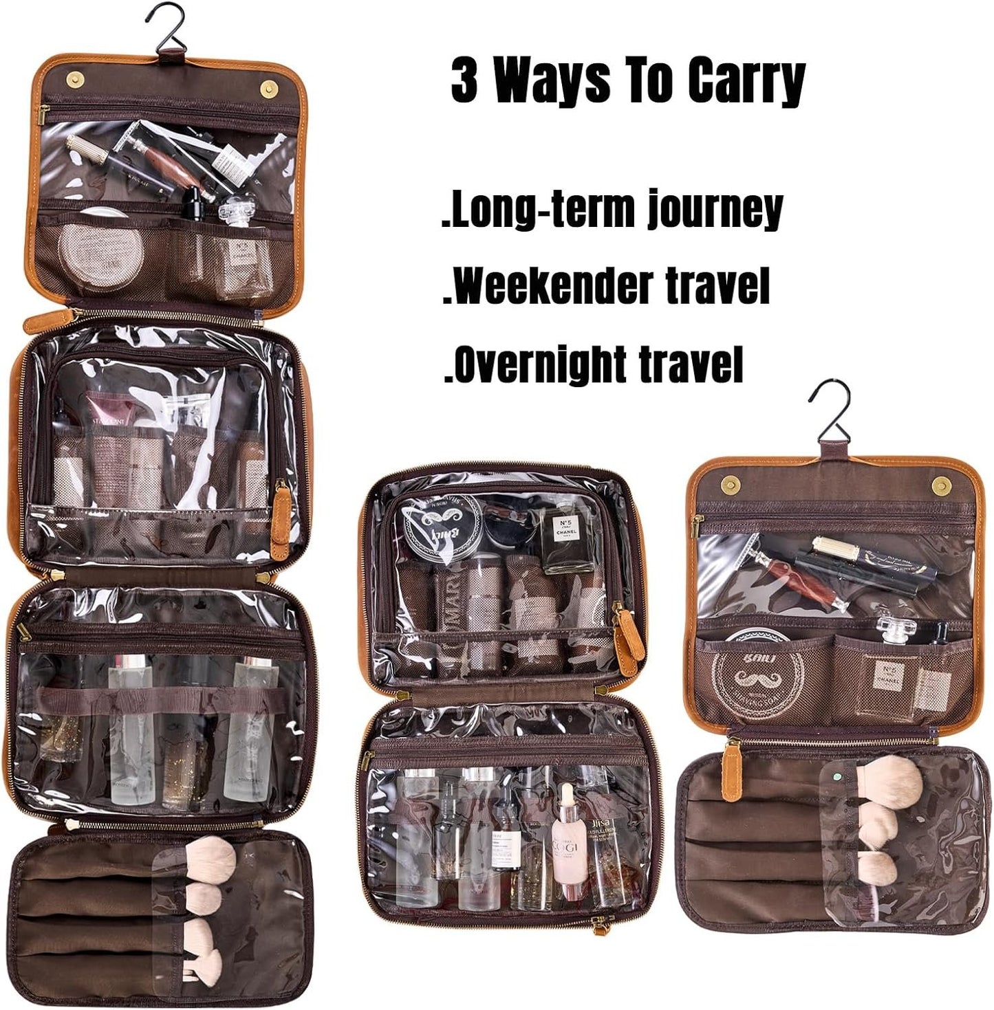AGDHERSNVX Hanging Toiletry Bag for Men Women,Full Grain Genuine Leather Toiletry Bag for Travel,Makeup Cosmetic Case,Shaving Kit Bag,Hygiene Dopp Kit, Brown, Non-customized