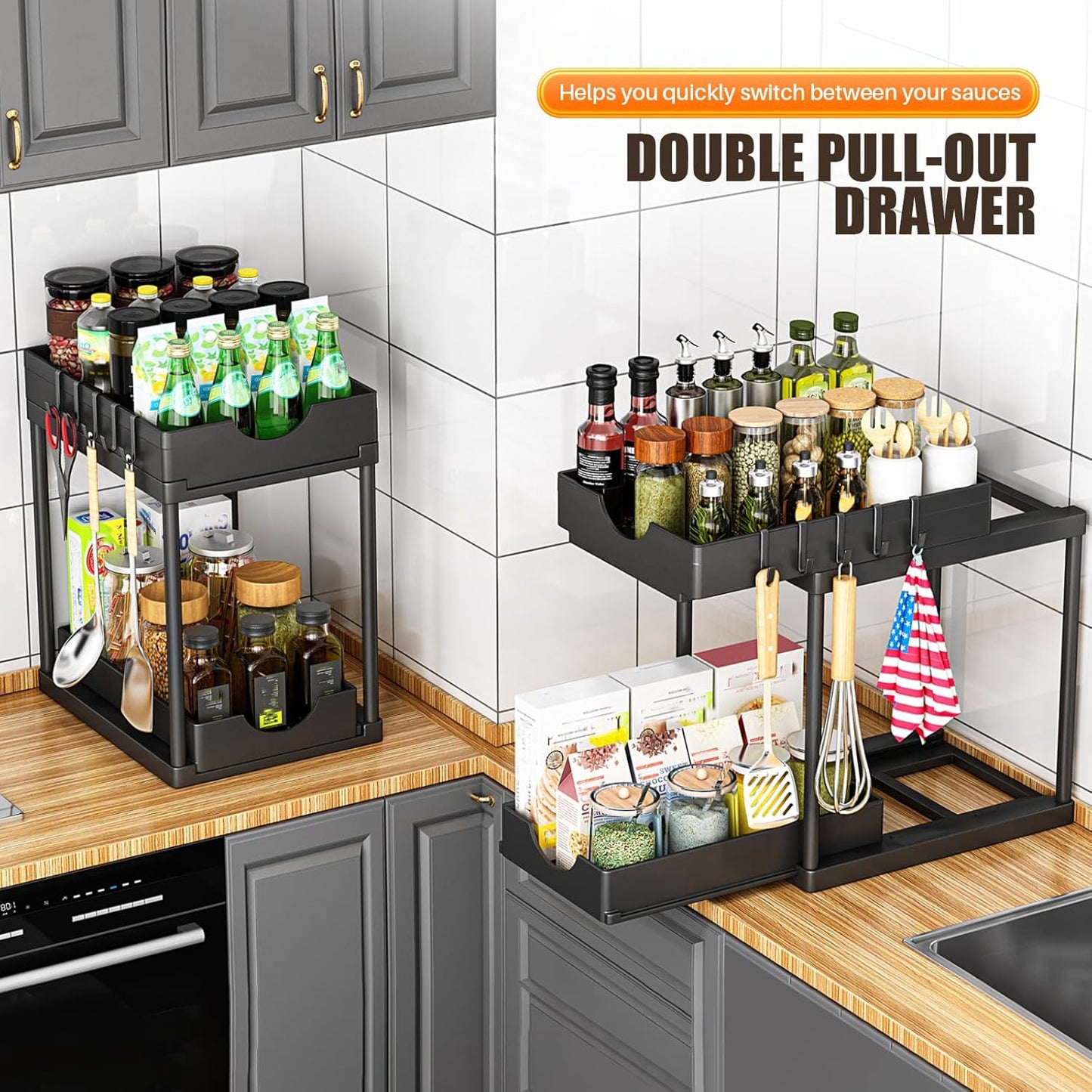 2 Pack Double Sliding Under Sink Organizers and Storage, Kitchen Accessories, Two Tier Bathroom Storage and organization, Under Cabinet Organizer with Hooks, Home Organization, Black