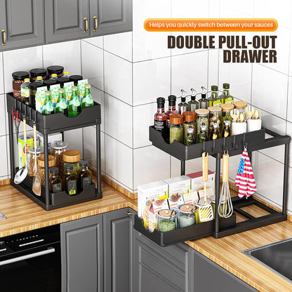 2 Pack Double Sliding Under Sink Organizers and Storage, Kitchen Accessories, Two Tier Bathroom Storage and organization, Under Cabinet Organizer with Hooks, Home Organization, Black