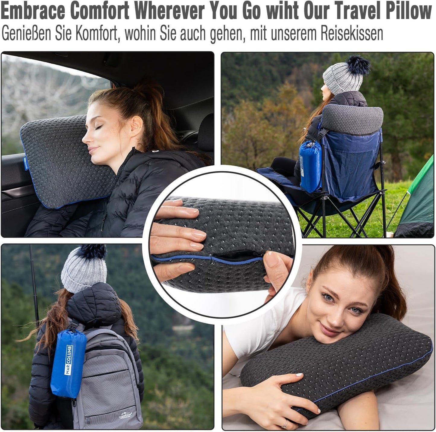 Marcolumb Travel Pillow - Ergonomic Camping Memory Foam Neck Support with Heat Regulating Cover - Waterproof Travel Bag Included (Black)