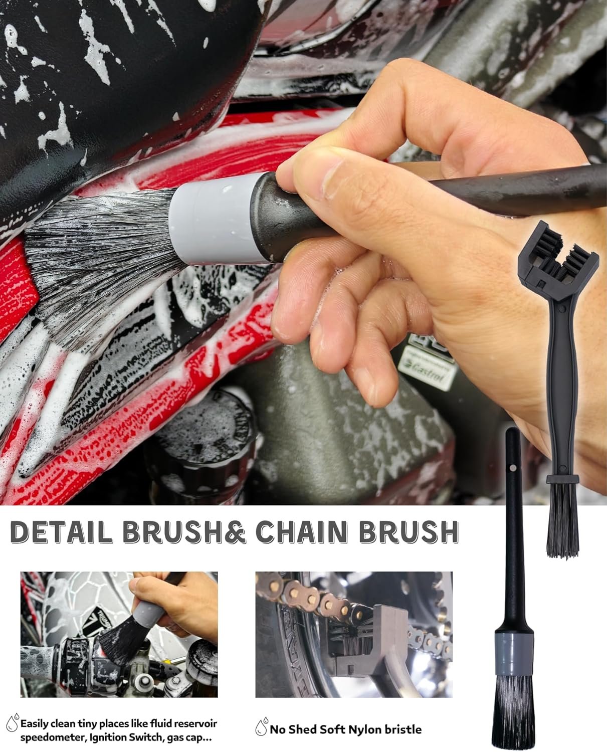 8 Pack Motorcycle Cleaning Kit - Professional Safe for Chrome/Engine/Tires, Hard Reach Brush, Microfiber Mitt, Detailing Tools, Drying Towel & Wax Applicators