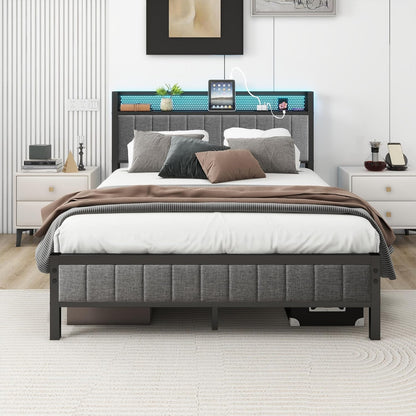 VERFARM Double Bed Frame with LED Lights Storage Headboard and USB Charging Station,Metal Upholstered Platform Bed Frame Double with Storage No Box Spring Needed,Strong Steel Slats,Noise Free,Grey