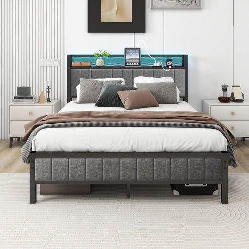 VERFARM Double Bed Frame with LED Lights Storage Headboard and USB Charging Station,Metal Upholstered Platform Bed Frame Double with Storage No Box Spring Needed,Strong Steel Slats,Noise Free,Grey