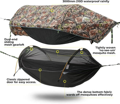 Camping Hammock Tent with Mosquito Net & RainFly, 3 in 1 Waterproof Lightweight Portable Sleeping Hammock Bug Backpacker Travel Outdoor Gear with Tree Strap Swing, for Hiking Patio Expedition (Camo)