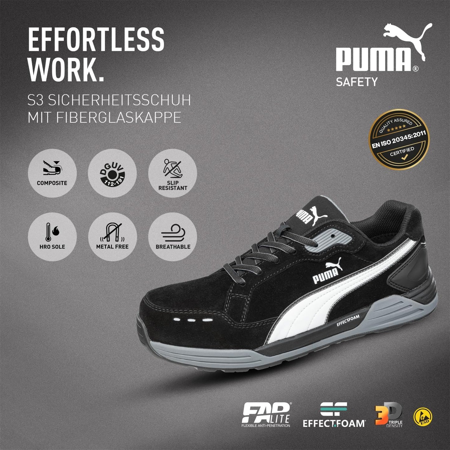 PUMA Safety Frontside Low S1P ESD HRO SRC Safety Shoes, Fiberglass Hood, Anti-Slip, Heat Resistant, Metal-Free, Mens