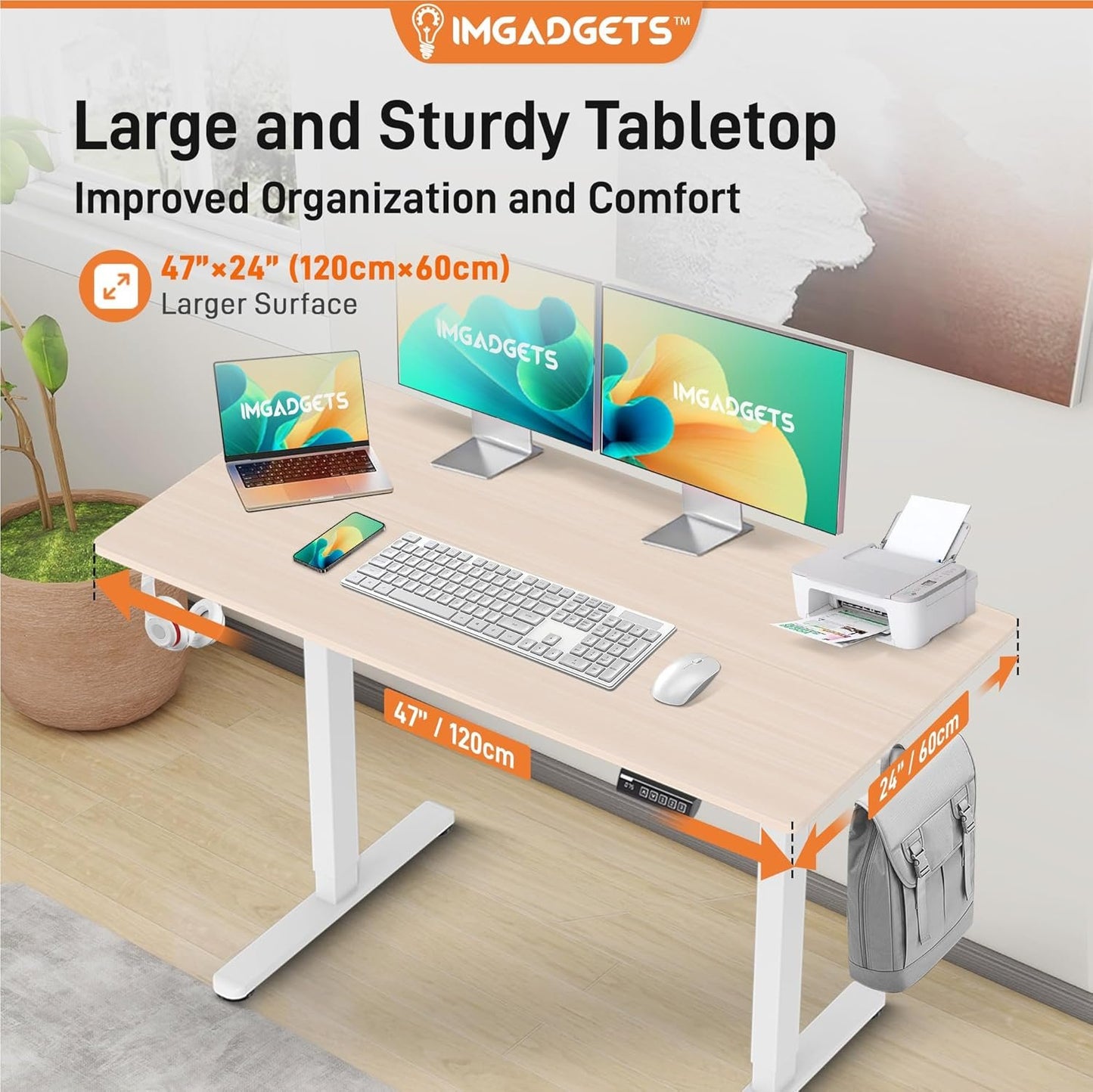 IMGadgets 47 x 24 Inches Height Adjustable Electric Standing Desk 2024, 5th Gen Quieter Motor Ergonomic Sit Stand Up Home Office Computer Desk with Height Memory Buttons, Display, 2 Headphone Holders