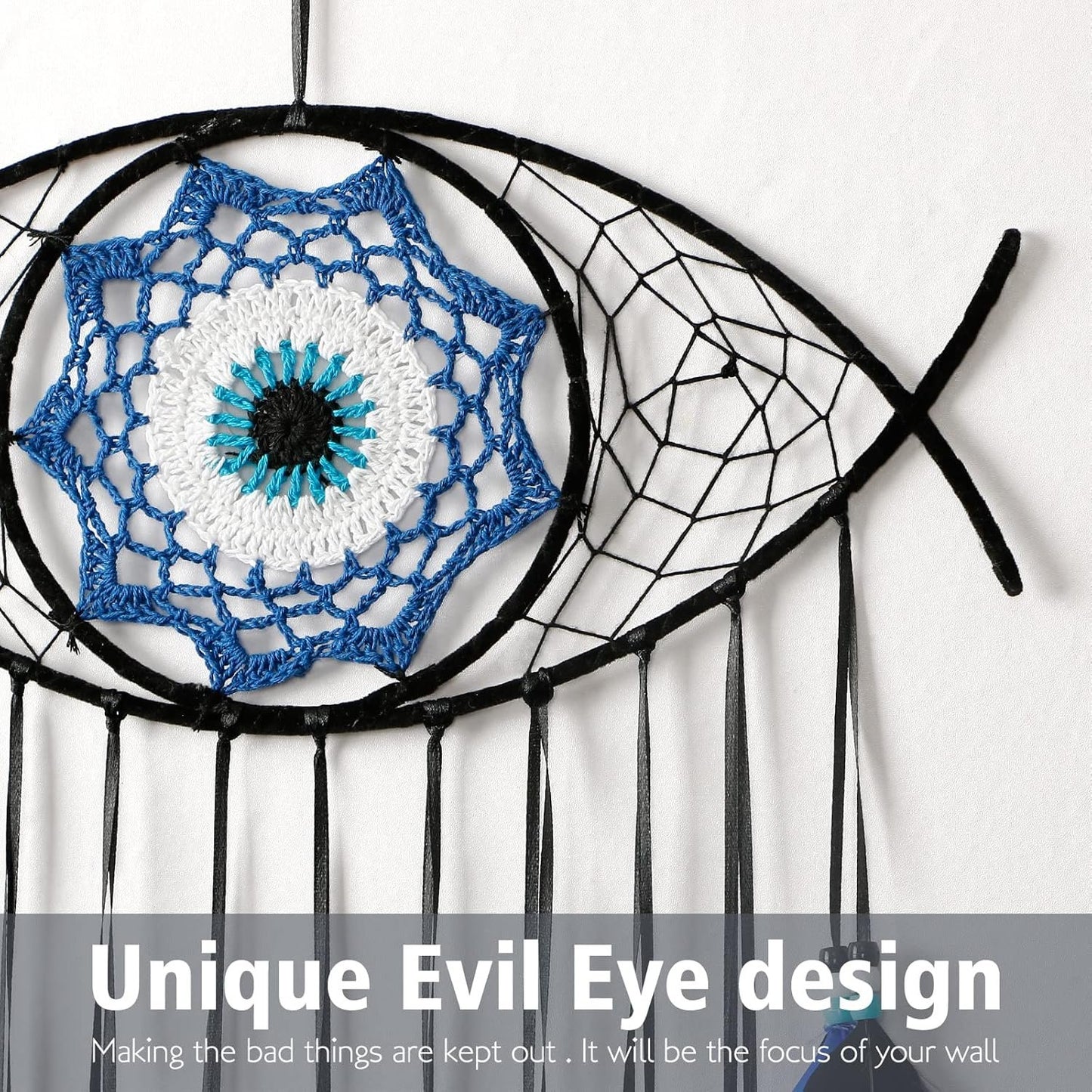 Dremisland Evil Eye Dream Catcher-Blue Black Dream Catchers Handmade Feather Evil Eye Wall Hanging Ornament Home Decor for Bedroom Livingroom Yard, Blessing Craft Gift Bring Good Luck (Blue-Black)