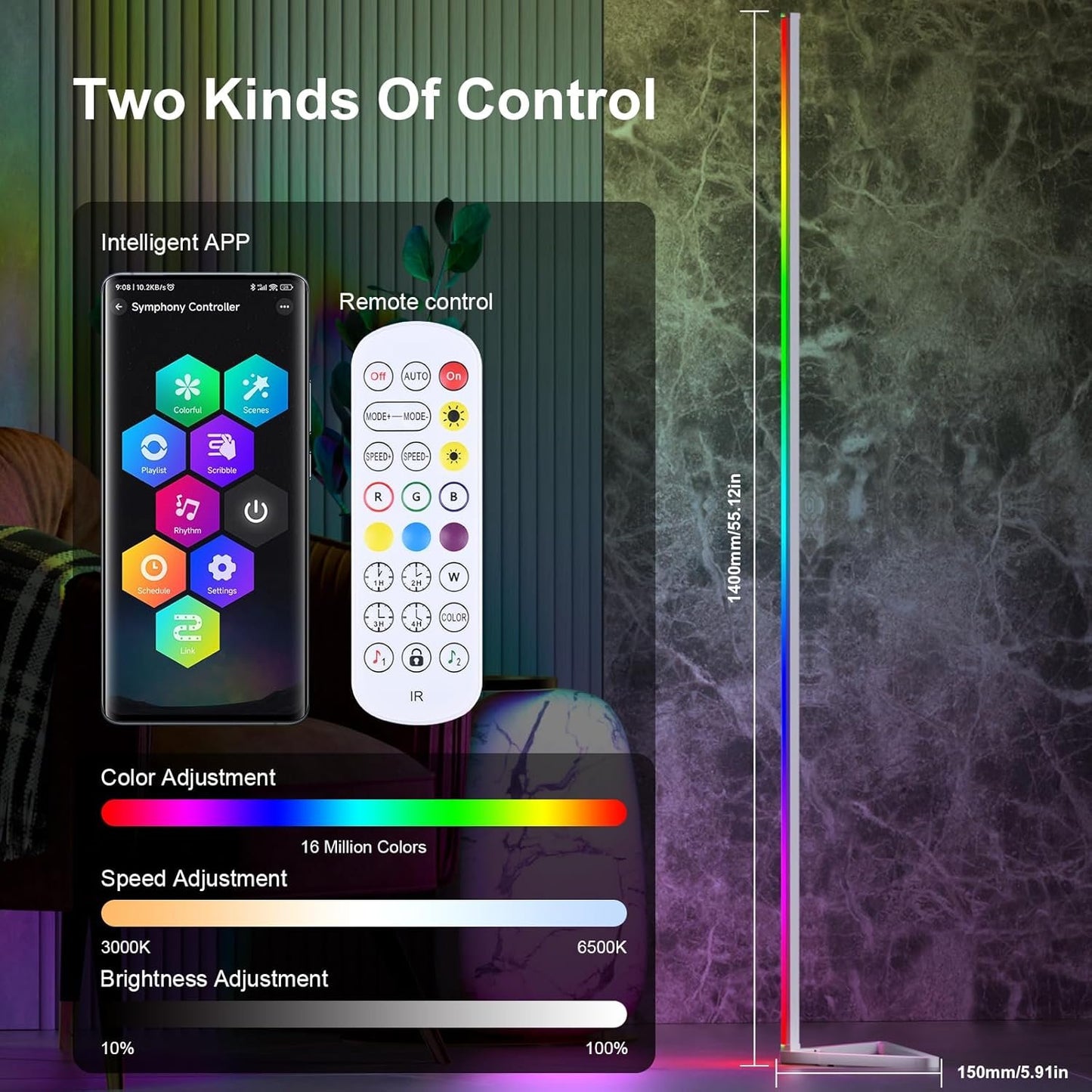 MIHEAL 2PCS Corner Floor Lamp, Synced Lights LED Control Floor Lamp RGB Light 56" Smart LED Corner Lamp App and Remote for Living Room Gaming Bedroom and Etc.