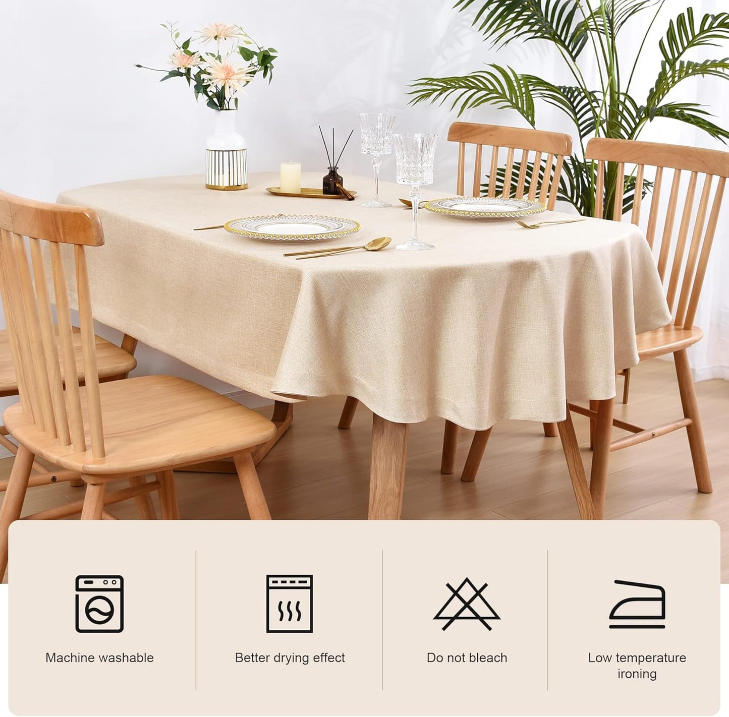 Wolkemer Faux Linen Oval Tablecloth Heavy Duty Wrinkle Resistant Fabric Table Cloths 60 x 102 Inch Beige Farmhouse Rustic Table Cover for Kitchen Dining Indoor Outdoor Tabletop Decoration