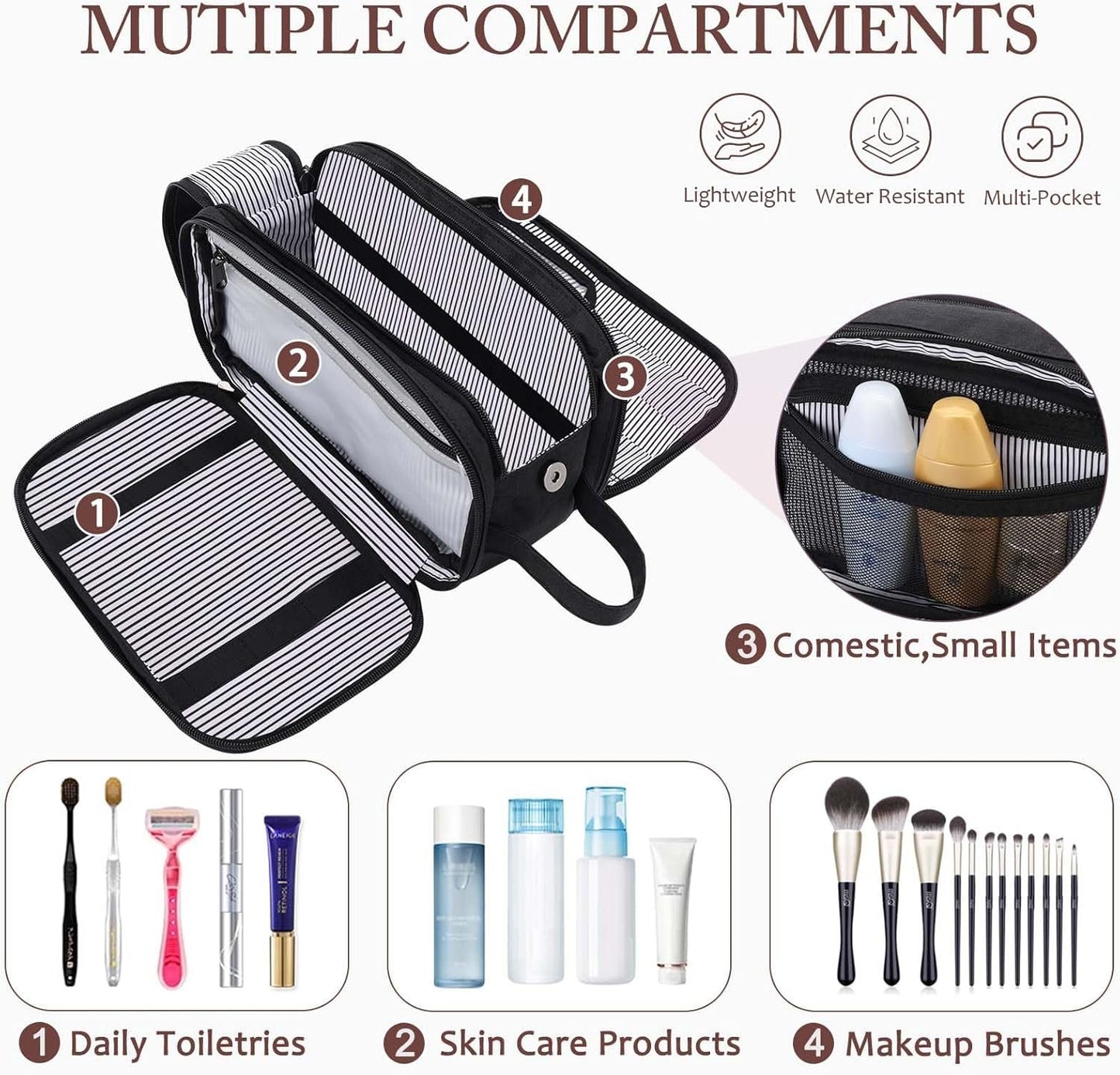 Toiletry Bag for Men Women, VASCHY Large Travel Toiletry Bag with Multi-Compartment Water Resistant Hanging Dopp Kit Shaving Bag for Bathroom, Cosmetic, Gym, Outdoor Black