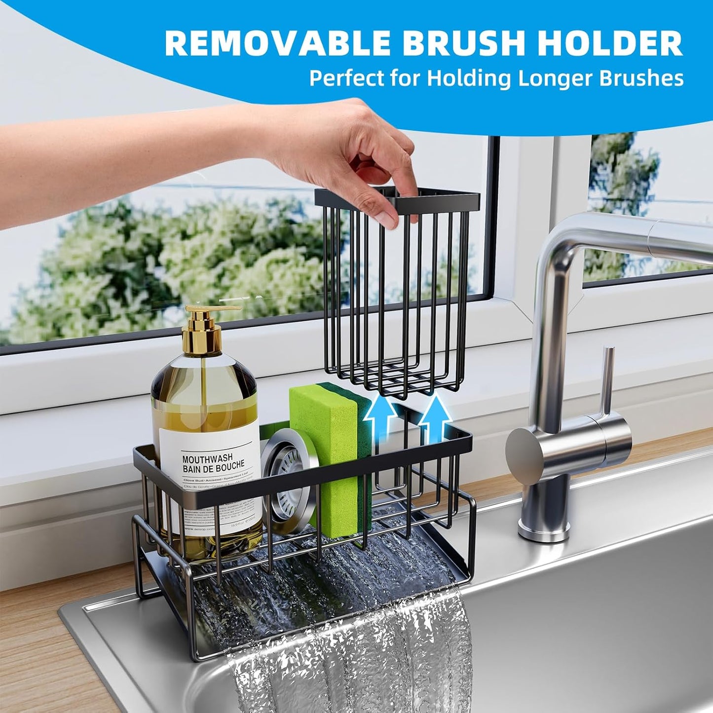 Sponge Holder for Kitchen Sink - Rustproof Sink Caddy with Brush Holder, Kitchen Sink Organizers and Storage Dish Soap Dispenser Home Essentials Organization Accessories (Black, With Brush Holder)