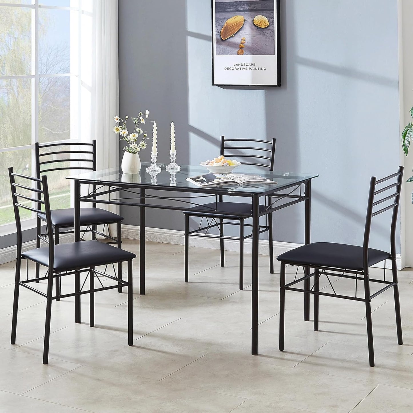 VECELO Kitchen Dining Room Table and Chairs Set for 4, PU Padded Seat & Glasses Tabletop, Space Saving, Matte Black