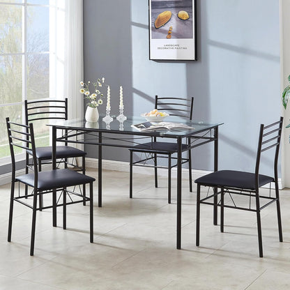 VECELO Kitchen Dining Room Table and Chairs Set for 4, PU Padded Seat & Glasses Tabletop, Space Saving, Matte Black