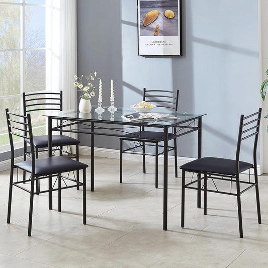 VECELO Kitchen Dining Room Table and Chairs Set for 4, PU Padded Seat & Glasses Tabletop, Space Saving, Matte Black
