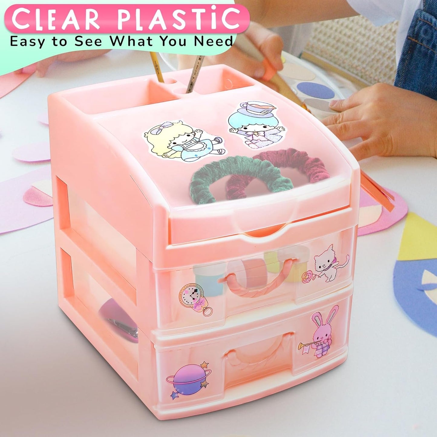 Desk Storage Organizer Pink Plastic Drawers - BURIUS San-X Desk Drawer Organizer Makeup Organizer Office Organization and Storage - Desk Accessories Aesthetic Tabletop Drawers Desktop Storage Drawer