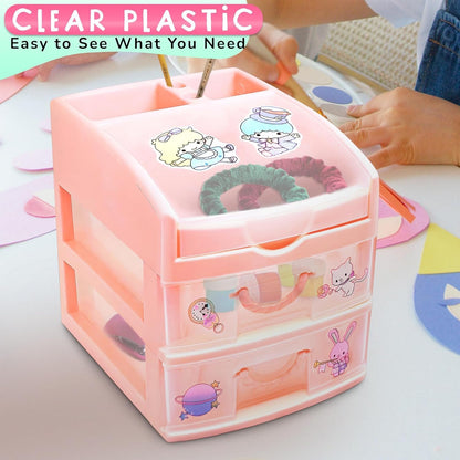 Desk Storage Organizer Pink Plastic Drawers - BURIUS San-X Desk Drawer Organizer Makeup Organizer Office Organization and Storage - Desk Accessories Aesthetic Tabletop Drawers Desktop Storage Drawer