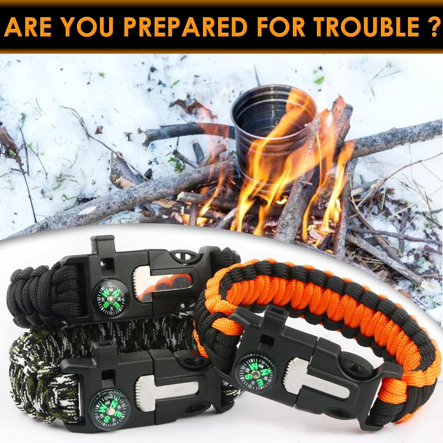ruifengsheng Paracord Bracelet (3 Pack) Kit Outdoor Survival Bracelet Camping Hiking Gear，Multitools, Fire Starter, Compass, and Whistle