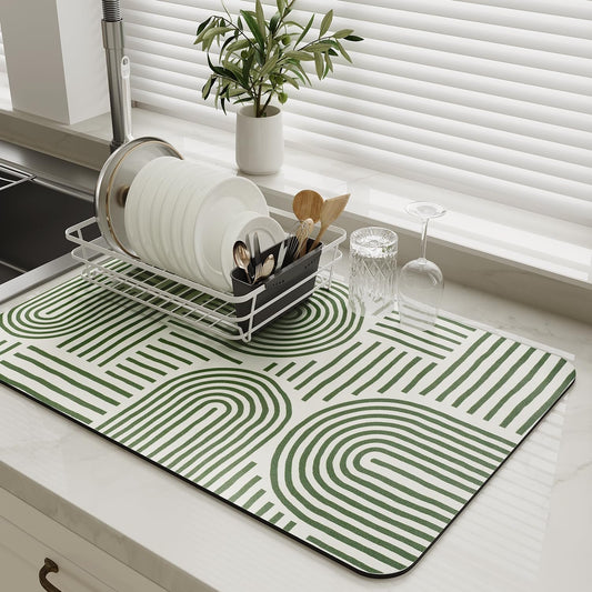 MontVoo-Absorbent Dish Drying Mat-Kitchen Counter Rubber Backed Water Absorbing Drying Mat-Hide Stain Under Dish Mat Quick Dry Coffee Mat-Green Line 12''x19''