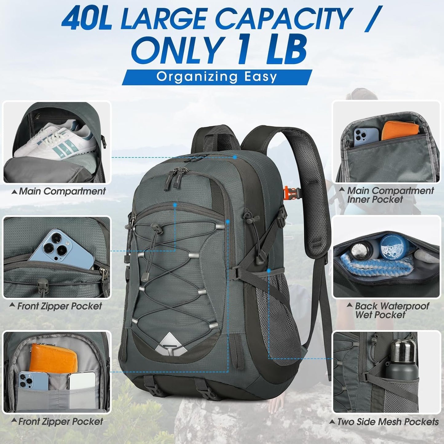 40L Packable Backpack Waterproof Hiking Backpacks Lightweight Outdoor Sport Travel Daypack for Climbing Camping Touring